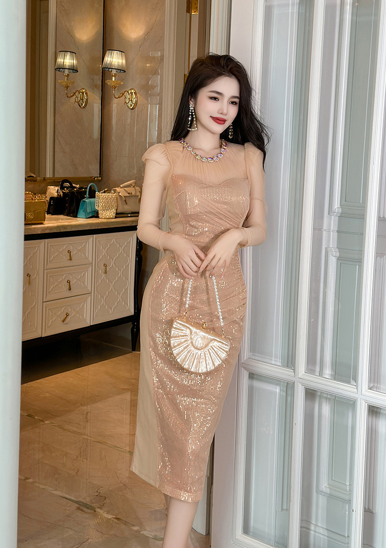 Đầm dạ hội vàng sang trọng dài tay đính đá phối lưới sequin tôn dáng — Màu vàng sương mù