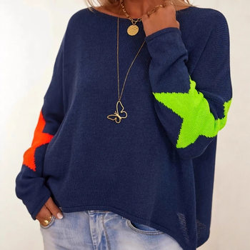 Amazon European and American Aliexpress Foreign Trade Star Round Neck Casual Long-Sleeved Loose Pullover Large Size Women's Knitted Sweater