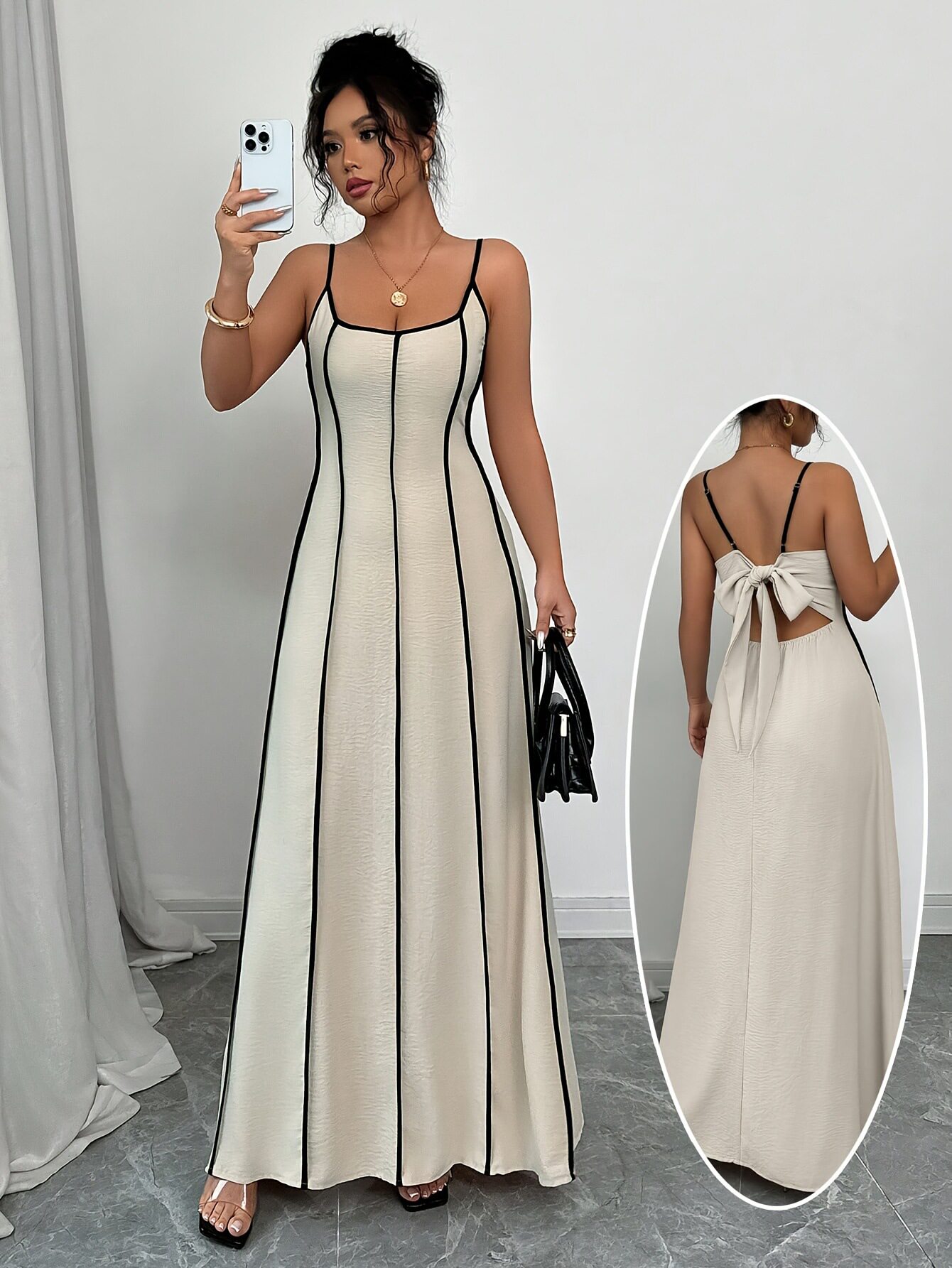 women's spaghetti strap backless color matching suspender dress