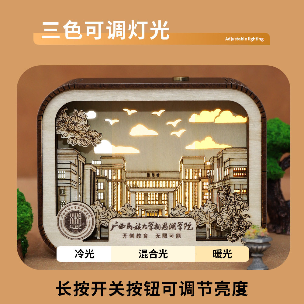 Domestic Higher Education Institutions Series Led Wood Carving Lamp Paper Carving Lamp 3D Stereo Light and Shadow Decorative Night Light Creative