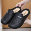 New Flat Non-Slip Middle-Aged Mom Closed-Toe Slippers, Faux Leather Mid-Heel Clogs for Women