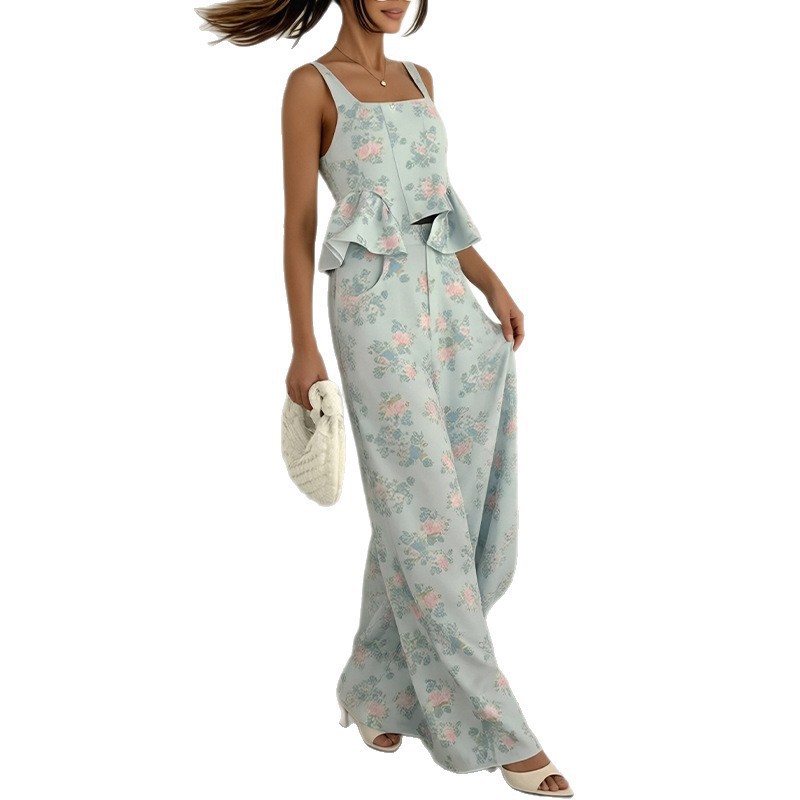 Womens Summer Casual Set Stylish Floral Print Ruffle Hem Sleeveless Design Perfect for Vacation or Everyday Wear