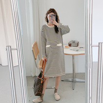 Autumn Winter Gestation Woman Dress Pregnant Woman Sweater Dresses in Korean version Stripes with long sweater dress and dress brief about 100 hitch