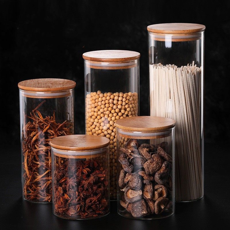 High Borosilicate Glass Round Bamboo Lid Storage Jar Food Grade Kitchen Finishing Storage Sealed Grain Tea Storage Jar