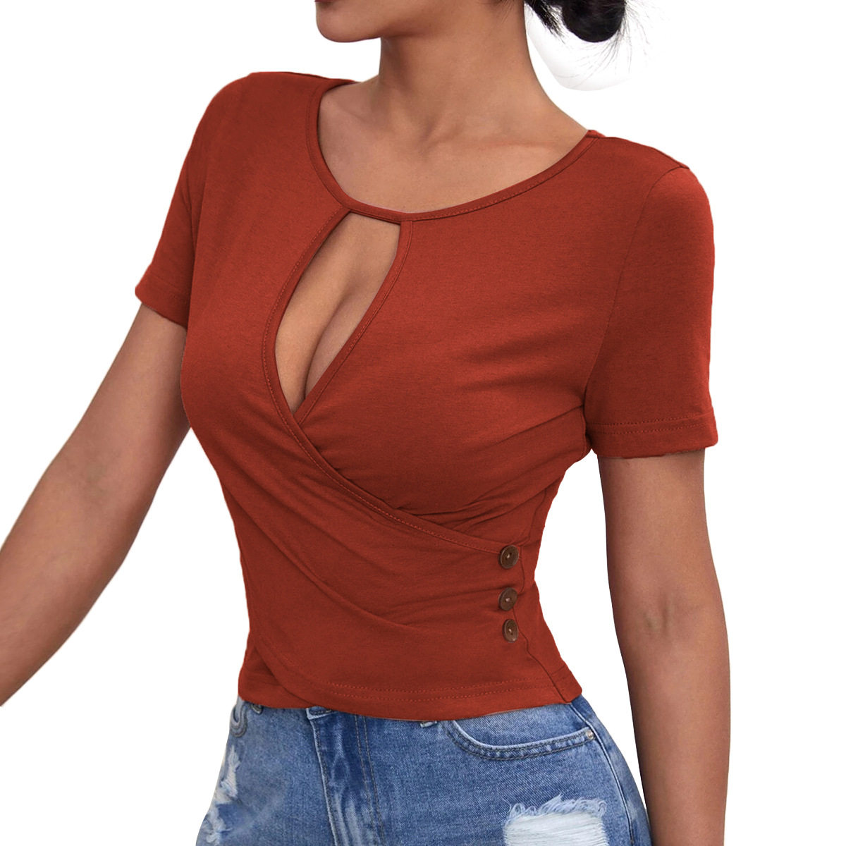 Womens Casual Short Sleeve T Shirt Sexy Hollow Out Design Button Detail Slim Fit Stylish Summer Top Wholesale