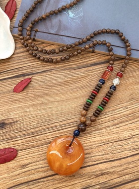 复古蜜蜡项链鸡翅木百搭时尚吊坠