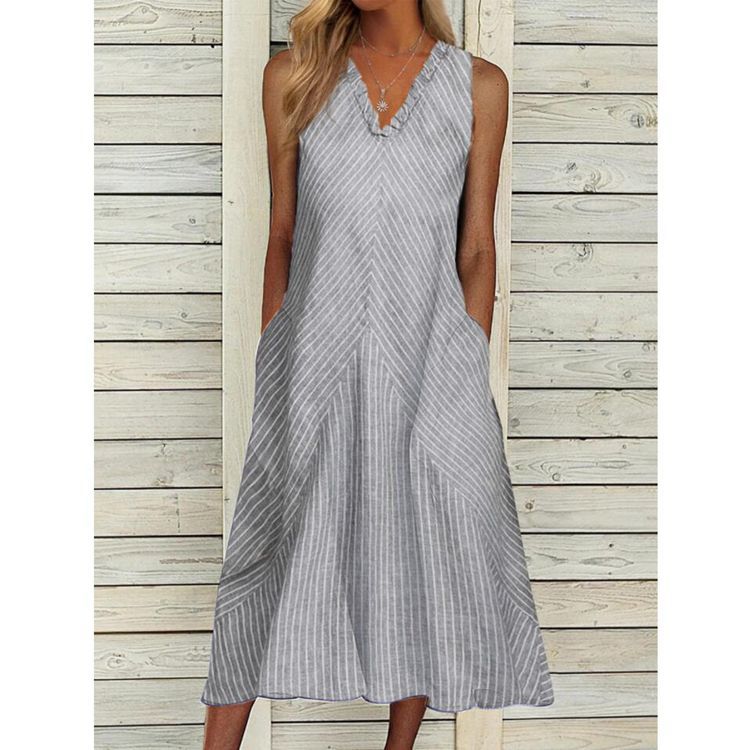 Summer Floral Striped Maxi Dress Pocket Design V Neck Sleeveless Pleated Style Perfect for Casual Outings