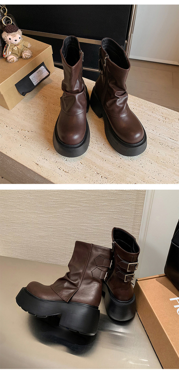 Boot nữ da bò cổ thấp gót xuồng khóa kéo bên hông — Lớp lót đơn màu đen, Lớp lót đơn màu nâu, Lót nhung đen, Lót nhung màu nâu