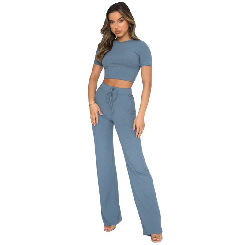 Cross-border European and American New Fashion Casual Suit Women's Solid Color High Elastic Body Shaping Short Sleeve Pit Wide Leg Pants Two-piece Set
