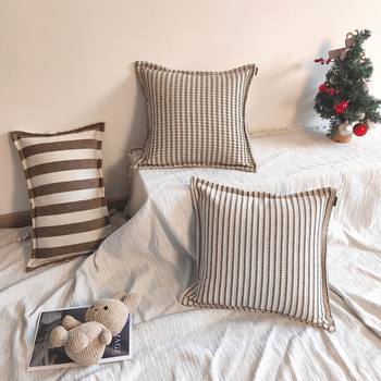 Retro Cotton and Linen Stripesd Pillowcase Japanese Style Living Room Pillowcase Office Lumbar Pillowcase Cushion Cover Chenille