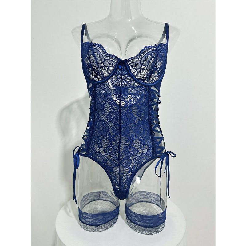 European and American Cross-Border Women's Lace Sexy Jumpsuit Suspenders Cross Straps Body Shaping with Stockings Sexy Intimates Set