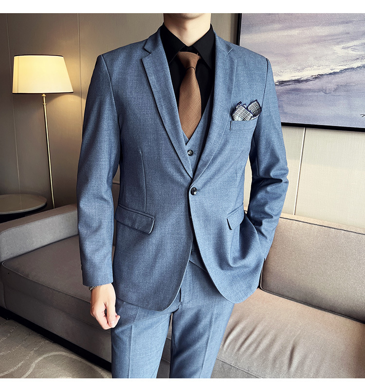 Bộ com-lê nam ba mảnh dáng ôm, áo vest một hàng khuy phong cách công sở — Màu xám (áo một nút + áo vest + quần), Màu xanh (áo một nút + áo vest + quần), Màu đen (áo một nút + áo vest + quần), Màu xanh navy (áo một nút + vest + quần)