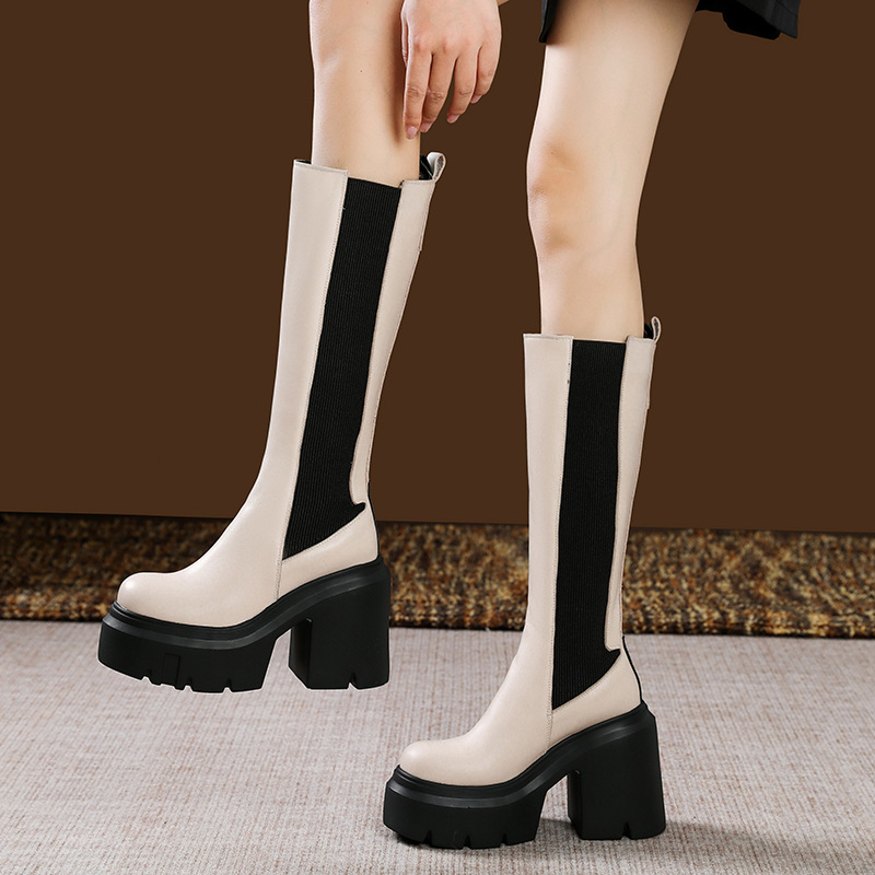 Cao Gót Nữ Chất Liệu Da Bò Cao 12cm Cổ Cao Qua Gối Gót Vuông Tăng Chiều Cao Đế Cao