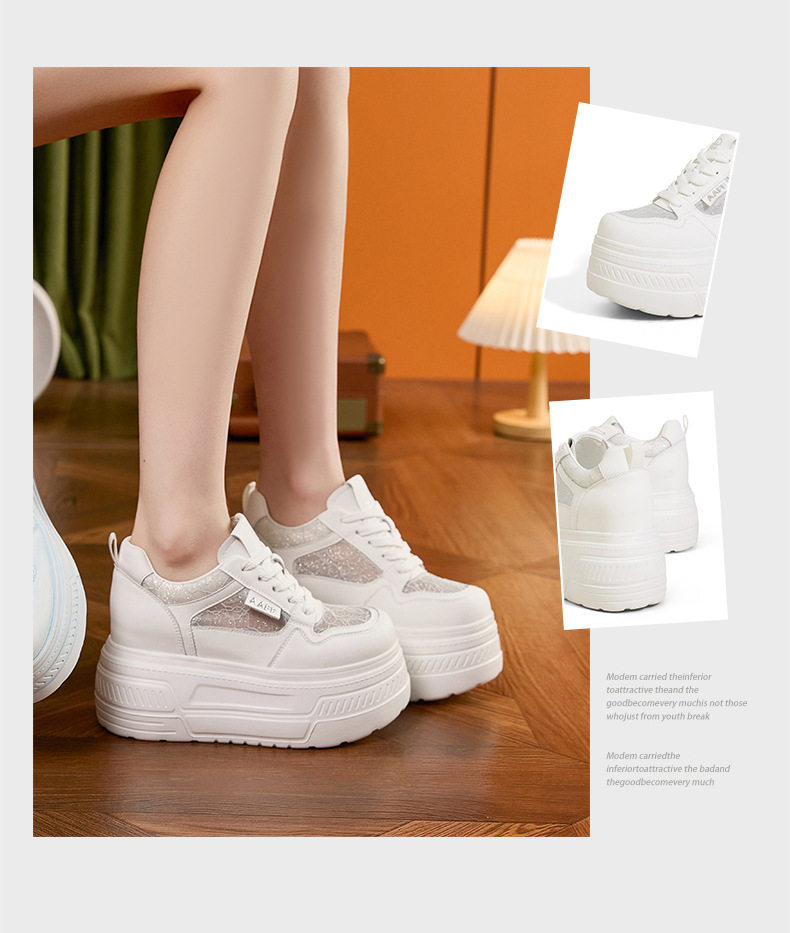 Giày platform nữ đế xuồng trắng thoáng khí, gót siêu cao 8 cm, mũi tròn, dây buộc phía trước — Xanh dương, Hồng, Xám, Trắng chi tiết 3