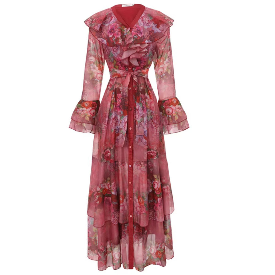 Elegant Floral Print Bell Sleeve Dress for Women French Style Waist Defined Ruffled Hem Perfect for Spring and Autumn