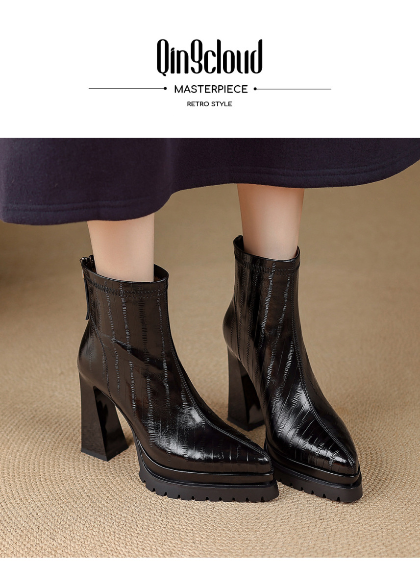 Boot nữ cao gót 10cm mũi nhọn da thật, cổ thấp gót vuông khóa kéo sau — Bảng màu nâu, Màu đen bên trong, Màu nâu., Trong danh sách đen