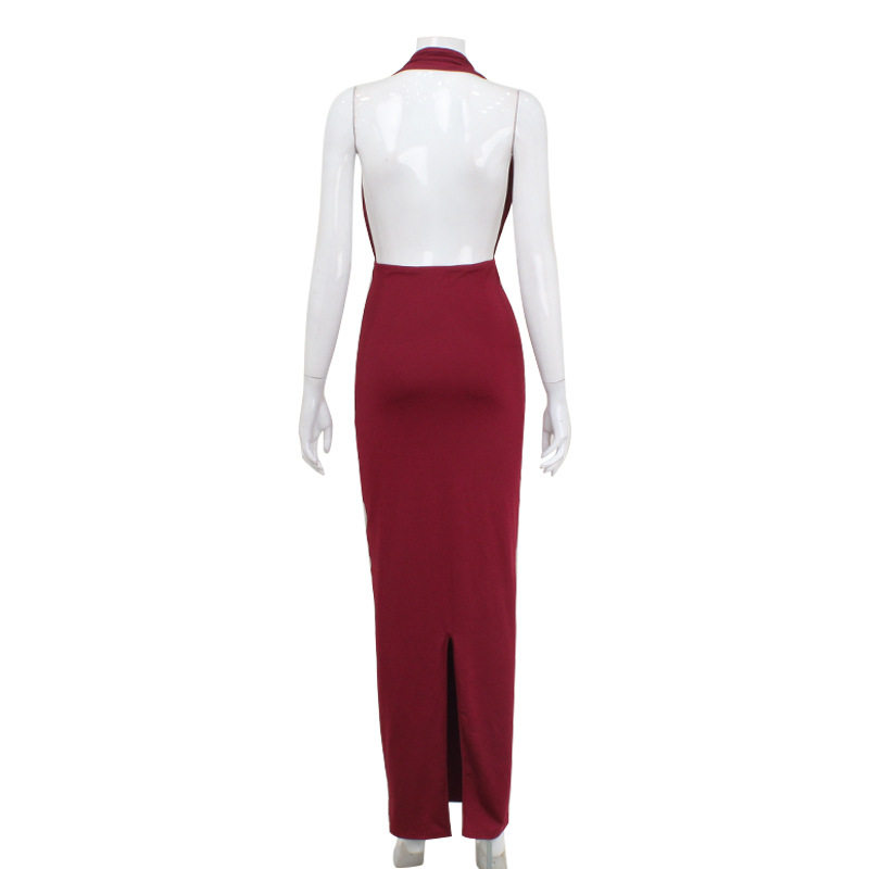 Elegant Womens V Neck Halter Backless Dress Ruffled High Waist Solid Color Perfect for Parties and Special Occasions