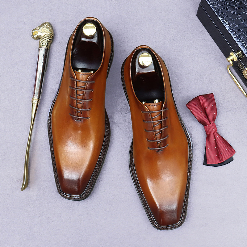 Giày Oxford nam da bò nguyên tấm buộc dây, giày công sở và giày cưới chú rể — nâu, đen