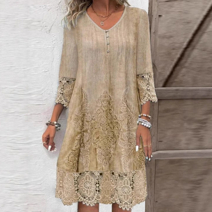 现货亚马逊Temu跨境欧美女装2025新款春夏爆款纯色蕾丝花边连衣裙