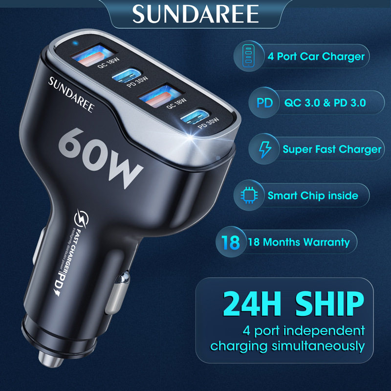 Amazon 60W Car Charger Fast Charging Dual Pd30W+Qc3.018W Car Charger USB Factory Direct Supply