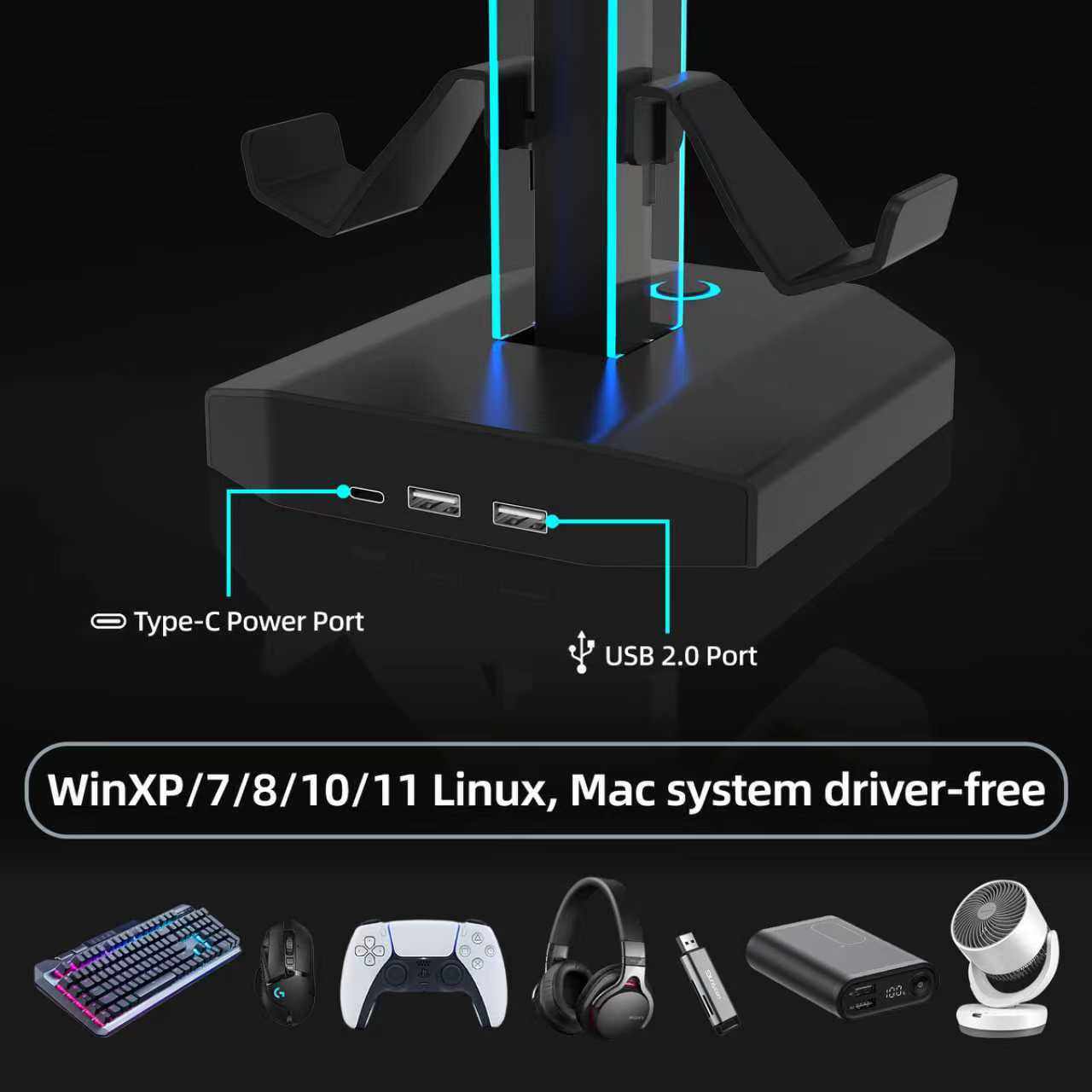 Cross-Border New Product Headphone Handle Storage Bracket USB Docking Station Table Setup Artifact E-Sports Atmosphere Layout Acrylic