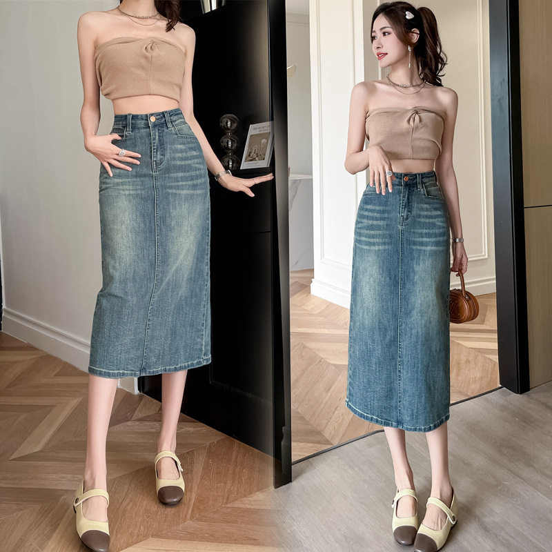 Fashionable High Waisted A Line Denim Skirt for Women Mid Length Back Slit Perfect for Petite Figures Spring and