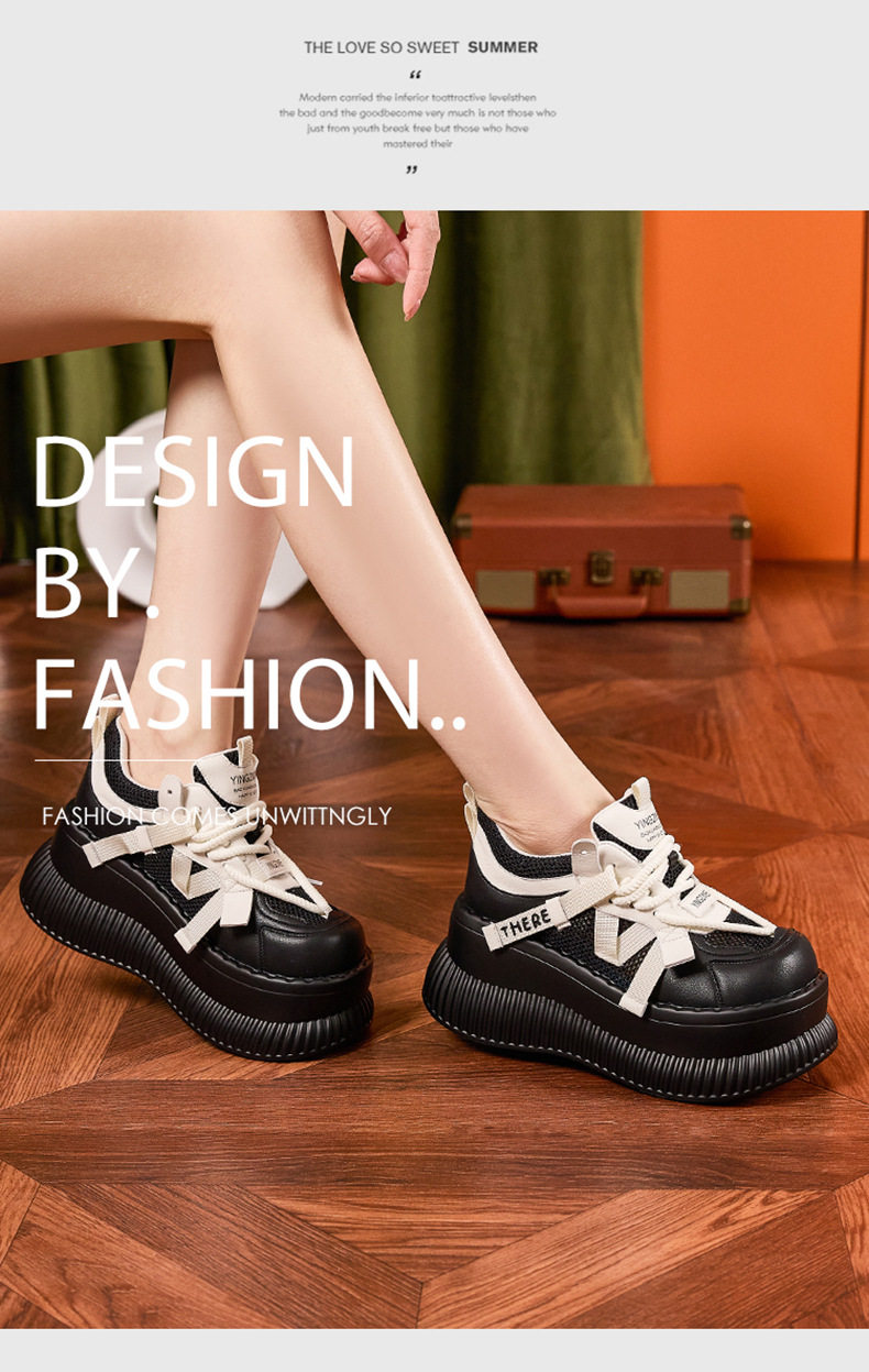 Giày platform nữ đế xuồng cao gót 8cm, dây buộc lưới thoáng khí — Len sạch, Đen chi tiết 8