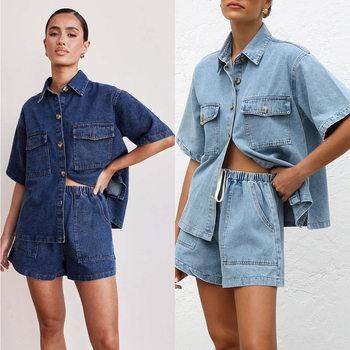 Cross-Border European and American 2025 Retro Casual Loose Flap Pocket Pants Short-Sleeved Shirt Shorts Denim Two-Piece Body-Covering Slimming Look Suit