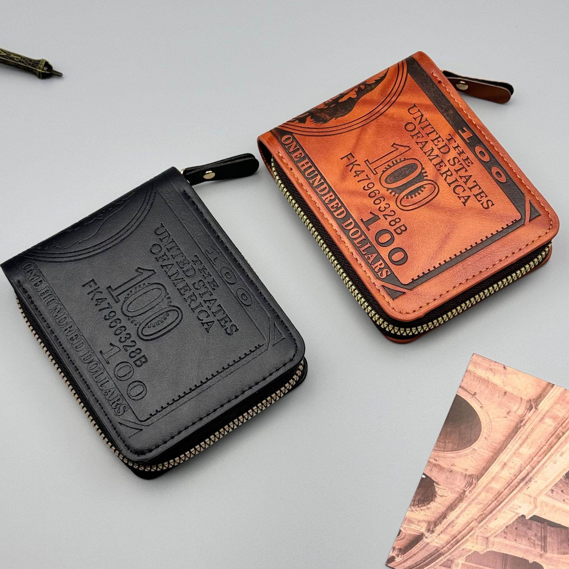 Factory direct men's wallet retro printed dollar short zipper bag Amazon cross-border explosions ultra light coin purse