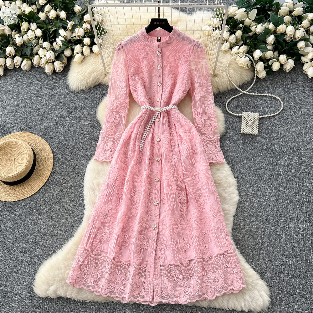 Elegant French High End Womens Dress Embroidered Button Down Waist Tie Long Mesh Skirt Autumn Collection