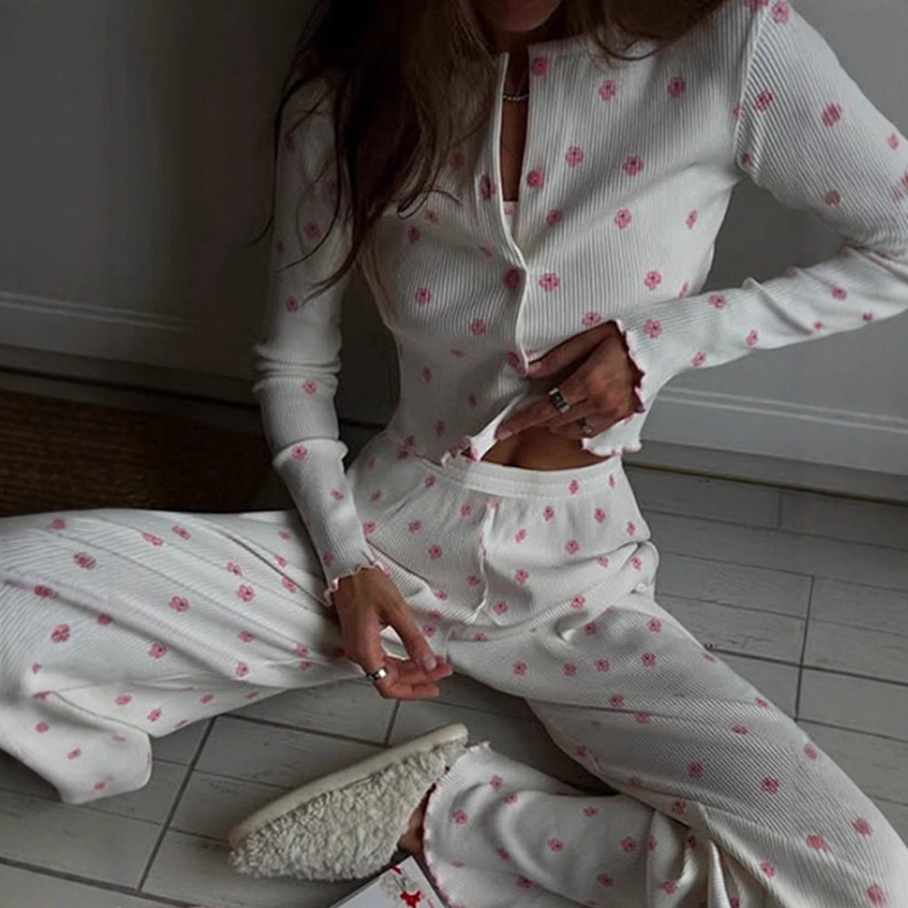 Floral Print Long Sleeve Loungewear Set Ruffled Edges Comfortable Fit Casual Style Perfect for Spring and Autumn