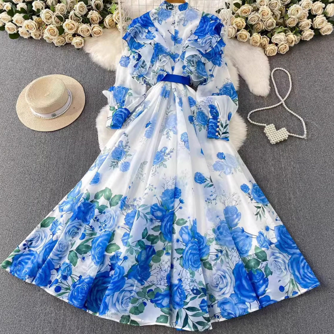 Elegant Summer Maxi Dress Korean Style Rose Print Hollow Out High Waist Lantern Sleeves Perfect for Work or