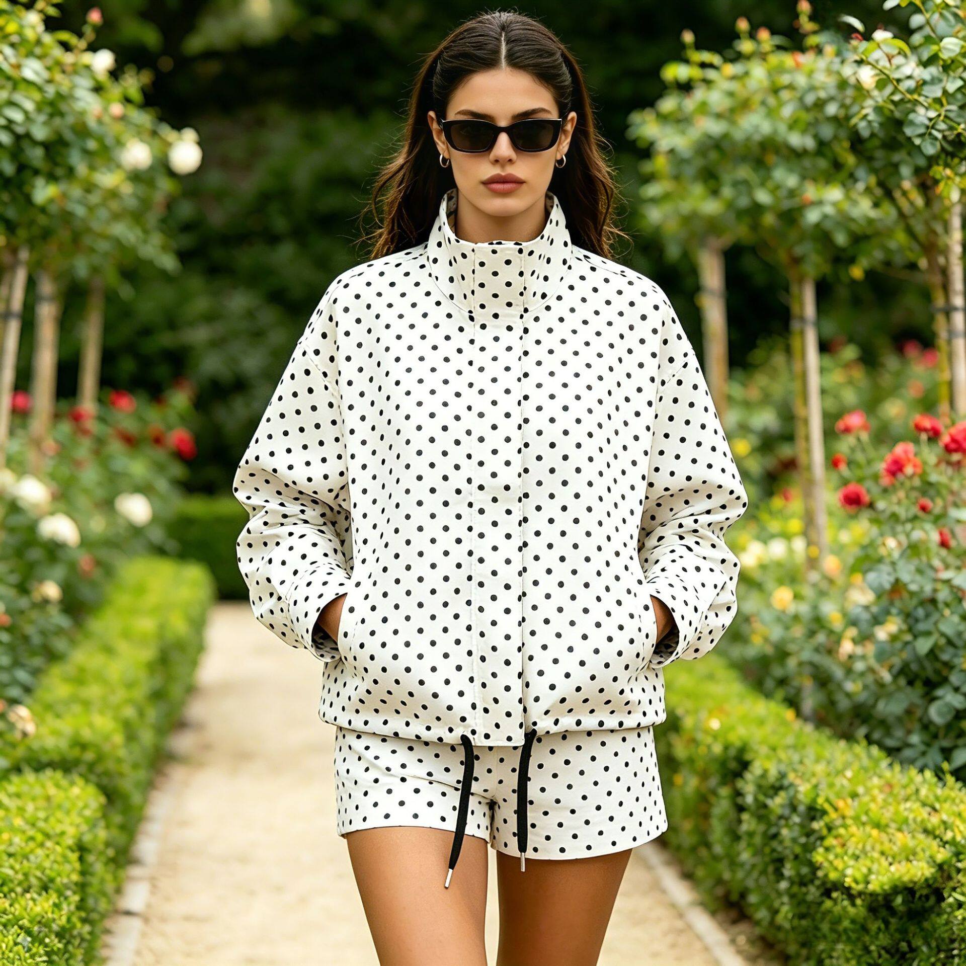 Polka Dot Stand Collar Loose Jacket and High Waist Mini Shorts Set Womens Two Piece Outfit Casual Wear Wholesale