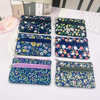 New Key Bag Coin Purse Women's Fabric Handheld Small Wallet Floral Coin Bag Canvas Small Fresh Double Zipper