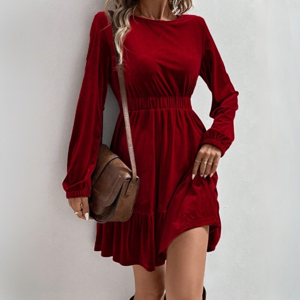 Velvet Long Sleeve Mini Dress Elastic Waist Mid Length Elegant Design Spring Summer Fashion Wholesale Available