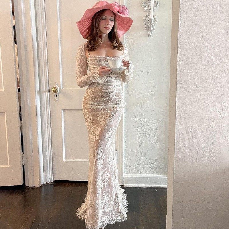 Womens Sleeveless Lace Maxi Dress Elegant Floral Design Long Sleeve Sexy Fit Perfect for Autumn Events Wholesale