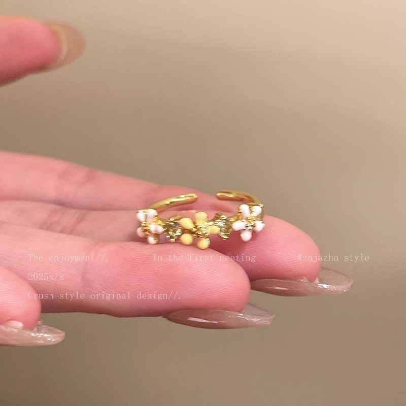 韩国轻奢高级感锆石珍珠戒指女复古小众设计蝴蝶结指环戒开口手饰