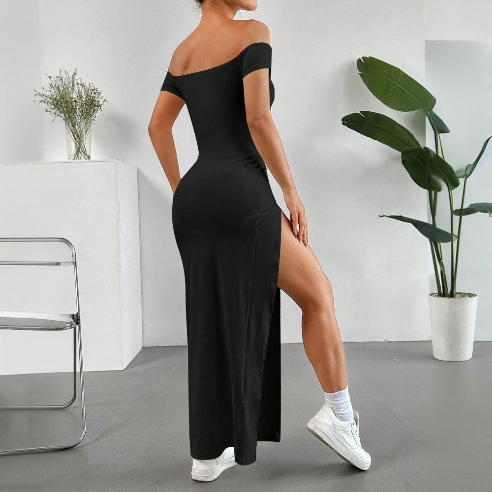 Elegant Solid Color High Waisted Split Long Dress Off Shoulder Knitted Comfortable Fit Summer Casual Wear Wholesale