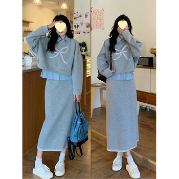Plus Size Women's Casual Suit 2025 Autum Fake Two-Piece Sweatshirt Fat Girl Slimming Look High-Waisted Skirt Two-Piece Set