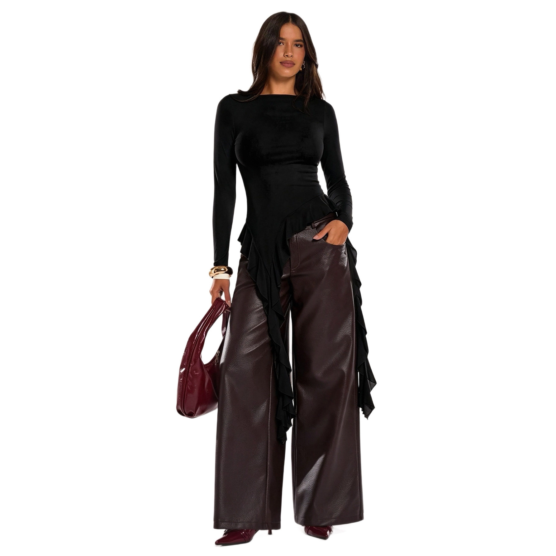 Womens Long Sleeve Top High End Feel Asymmetrical Ruffle Design Off Shoulder Slim Fit Perfect for Casual or Formal