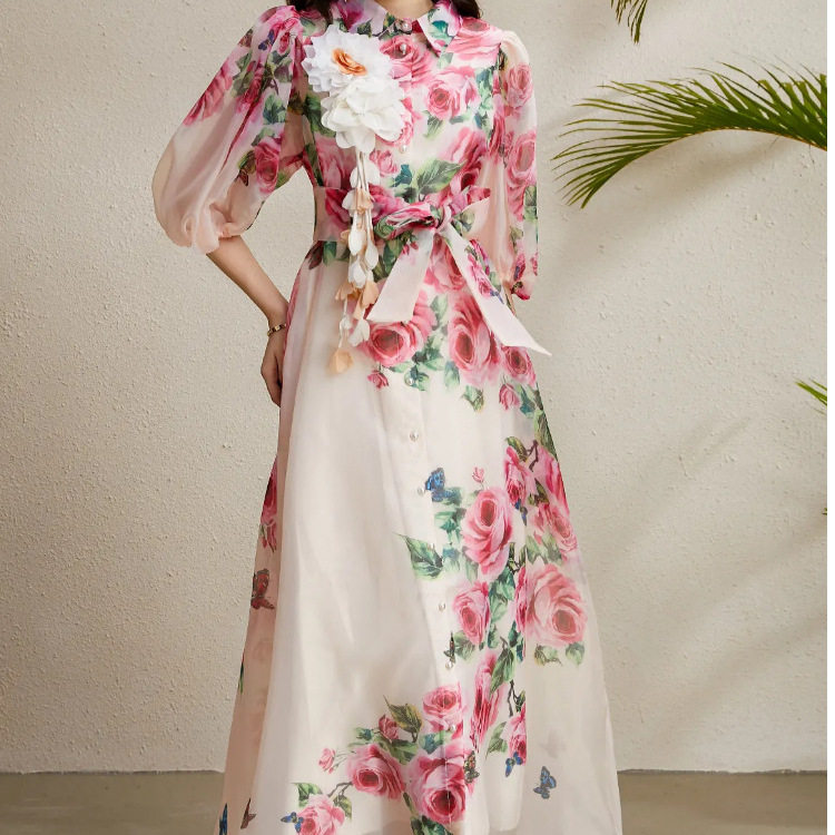 French Style Summer Dress Elegant 3D Floral Design Waist Tie Lantern Sleeves Printed Tulle Perfect for Parties and