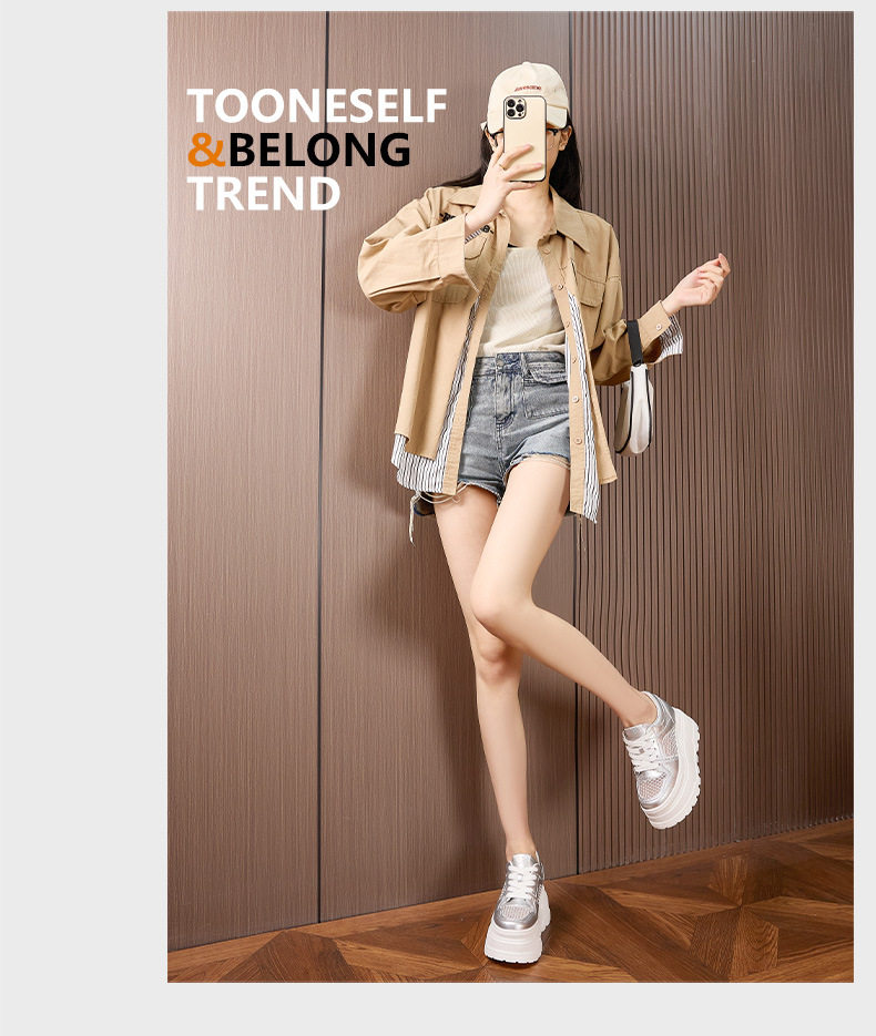 Giày sneaker nữ chunky đế dày trắng platform họa tiết đính đá — Trắng, Bạc chi tiết 13