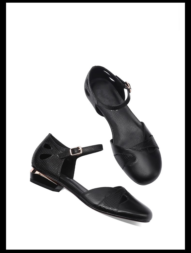 Sandal nữ quai ngang gót thấp đế bằng mềm êm phong cách thanh lịch dễ phối đồ — Màu đen, Màu nâu