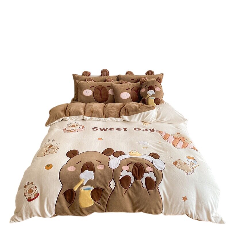 2025 New Cute and Full of Happiness, Stylish Stereo Heavy-Duty Milk Velvet Series Four-Piece Set Comes with the Same Pillow