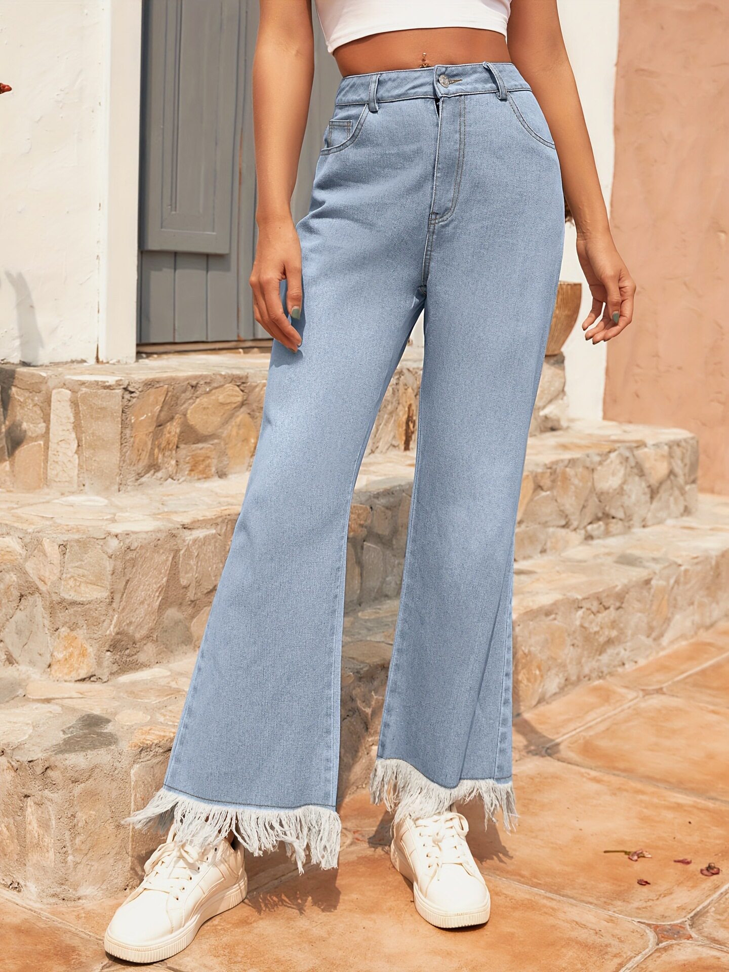Womens Straight Leg Casual Jeans Versatile Flared Hem Distressed Finish Comfortable Fit Perfect for Everyday Wear