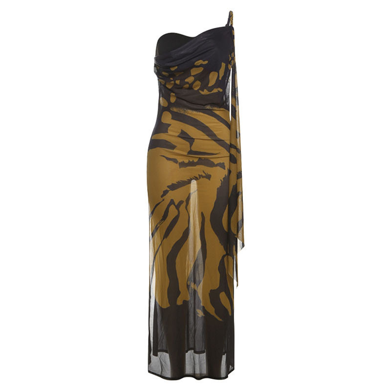 Vintage Inspired Womens Dress Sheer Mesh Slim Fit Backless Floral Print Elegant Style Perfect for Autumn and