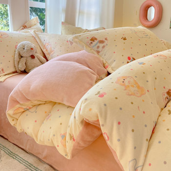 Winter Fresh Milk Velvet Four-Piece Set Thickeneded Coral Velvet Student Dormitory Three-Piece Set Warm Velvet Single Quilt Cover