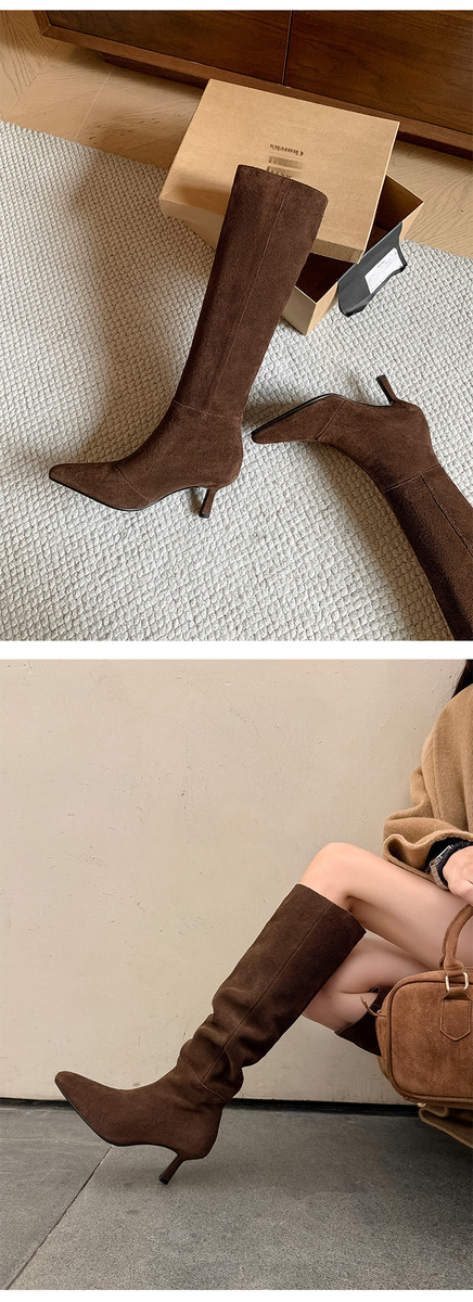 Boot nữ cổ cao mũi nhọn gót nhọn 6.5cm da lộn bò — Lớp lót đơn màu nâu, Lớp lót đơn màu xám, Lót nhung màu nâu, Lót nhung màu xám