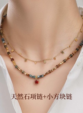 复古红宝石吊坠碧玺项链女款氛围感叠戴串珠2025新款小众轻奢颈链