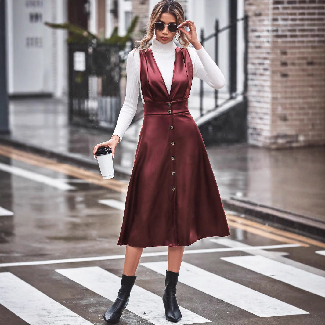 PU Strap Dress Solid Color Minimalist Design Versatile Style Perfect for Casual Wear Wholesale Available